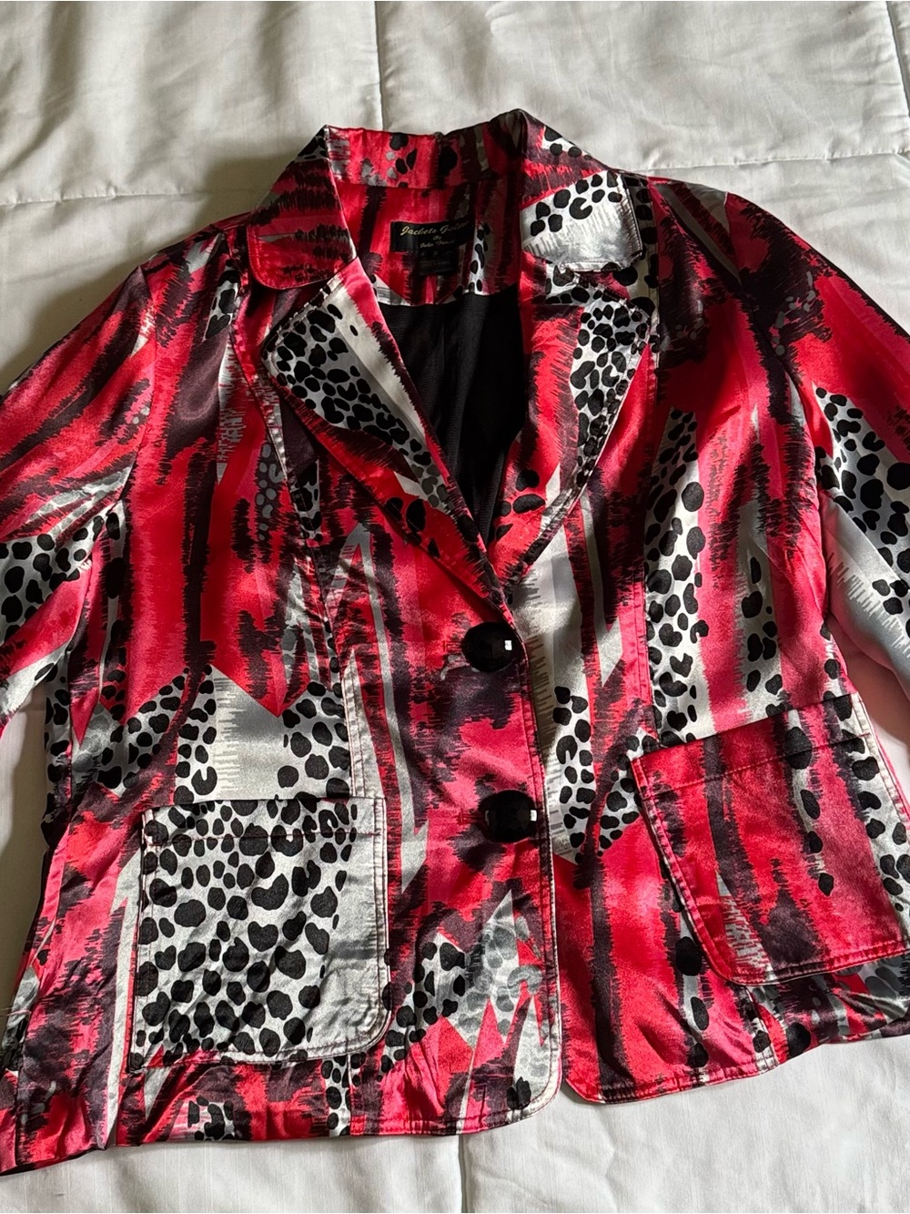 Jackets Galore Red Black & White Animal Print Satin Jacket Sz S
